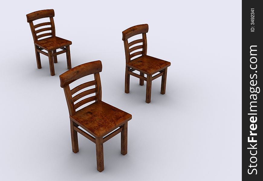 Conceptual three wooden chair on simple white background - 3d render. Conceptual three wooden chair on simple white background - 3d render