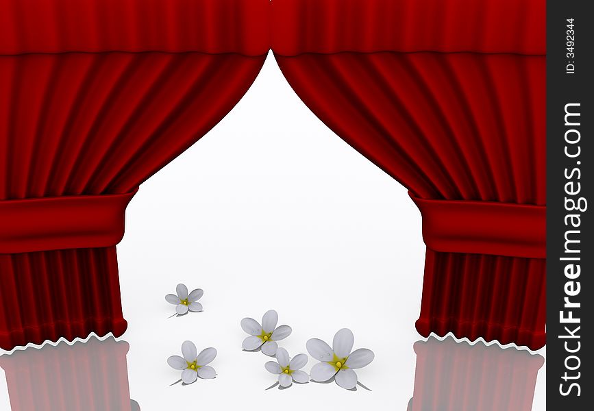 Conceptual opened drapes with flowers on stage - 3d render. Conceptual opened drapes with flowers on stage - 3d render