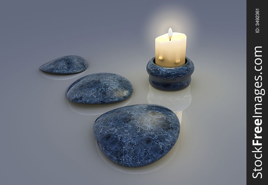 A light candle and three stones -renderend in 3d. A light candle and three stones -renderend in 3d
