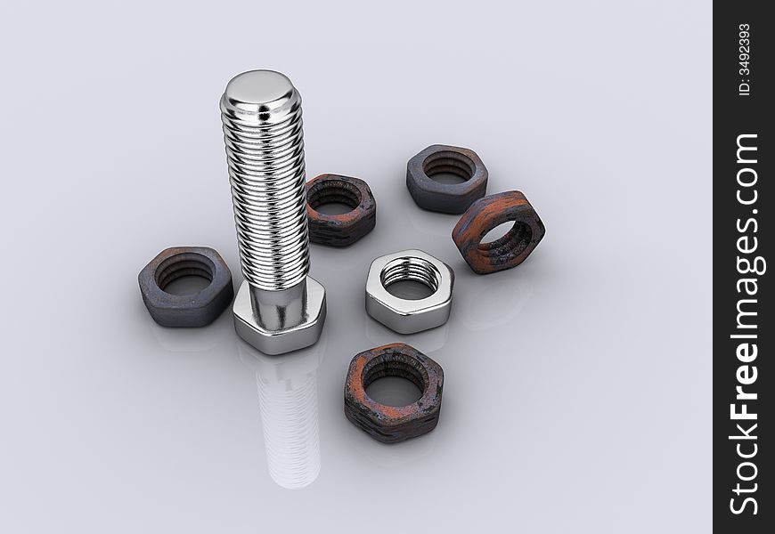 A screw, five rusty and one chromate nuts - rendered in 3d. A screw, five rusty and one chromate nuts - rendered in 3d