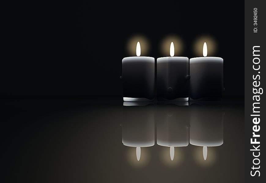 Three burning candles on black background - renderend in 3d. Three burning candles on black background - renderend in 3d