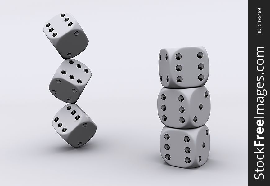 Conceptual two stack of three dices - rendered in 3d. Conceptual two stack of three dices - rendered in 3d