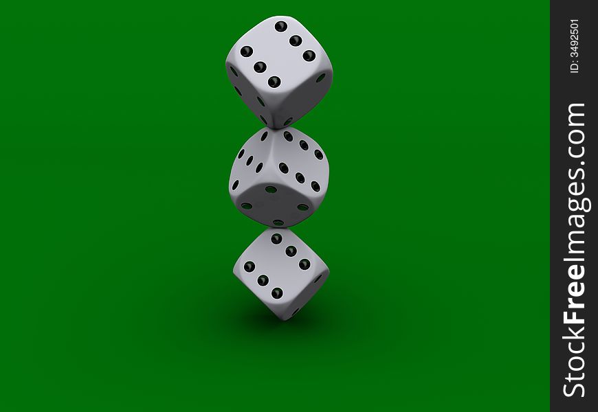 Conceptual stack of three dices with six mark in front side - rendered in 3d. Conceptual stack of three dices with six mark in front side - rendered in 3d