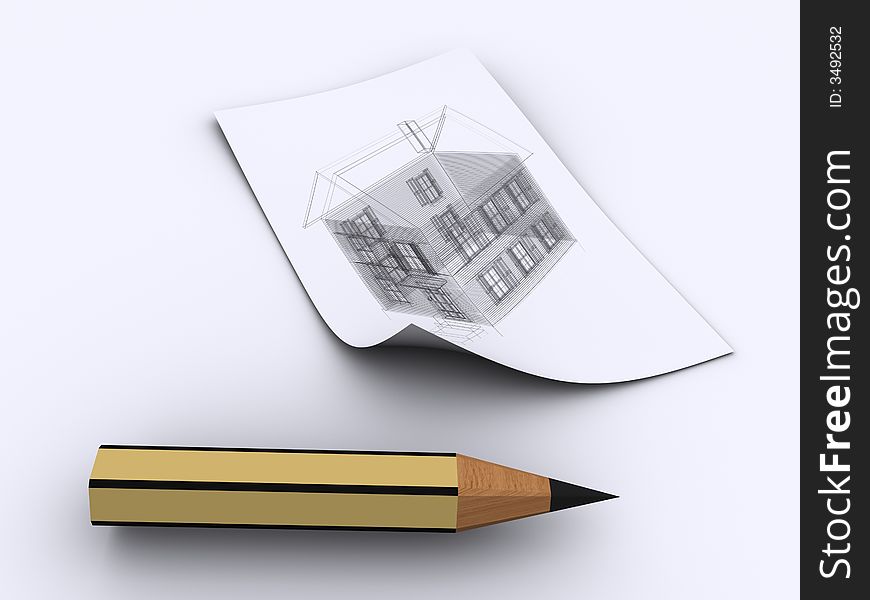 A pencil and a plane of house on paper - 3d render