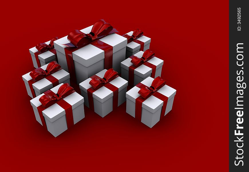 A lot of presents box wit bow - 3d render. A lot of presents box wit bow - 3d render