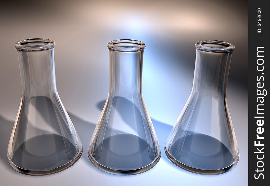 Three empty chemistry flask on color background - 3d render. Three empty chemistry flask on color background - 3d render