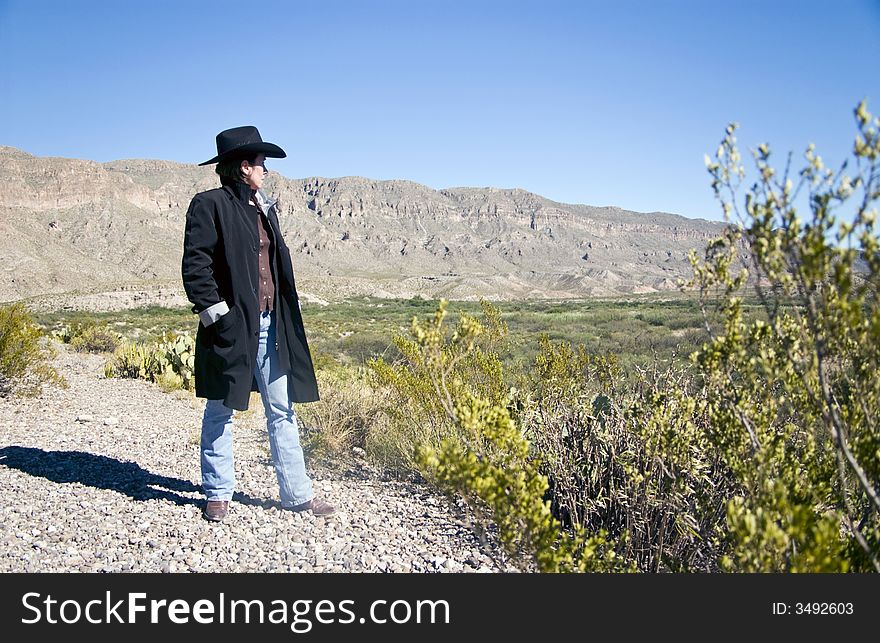 A woman dressed in western attire looking out at the rugged terrain layed out before her. A woman dressed in western attire looking out at the rugged terrain layed out before her.