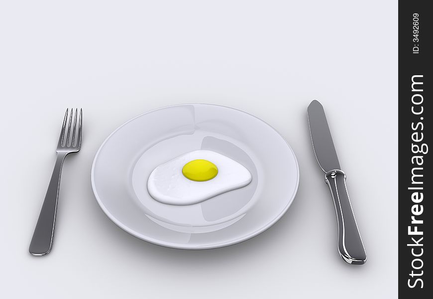 A Dinner plate with fried egg, knife and fork - rendered in 3d. A Dinner plate with fried egg, knife and fork - rendered in 3d