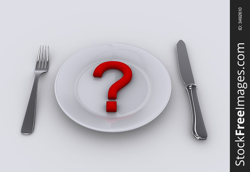 A Dinner plate with ask sign, knife and fork - rendered in 3d. A Dinner plate with ask sign, knife and fork - rendered in 3d