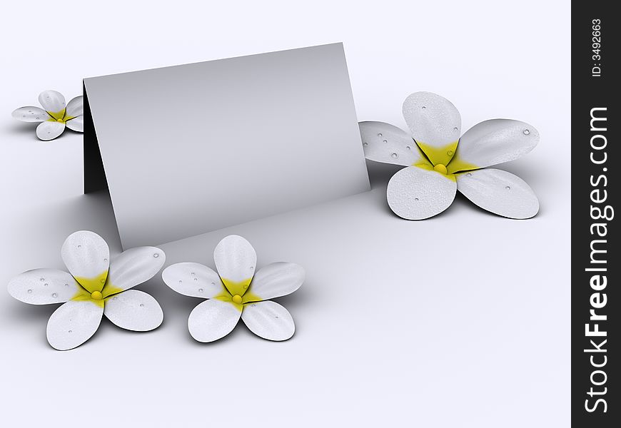 White flowers and blank paper on white background rendered in 3d. White flowers and blank paper on white background rendered in 3d