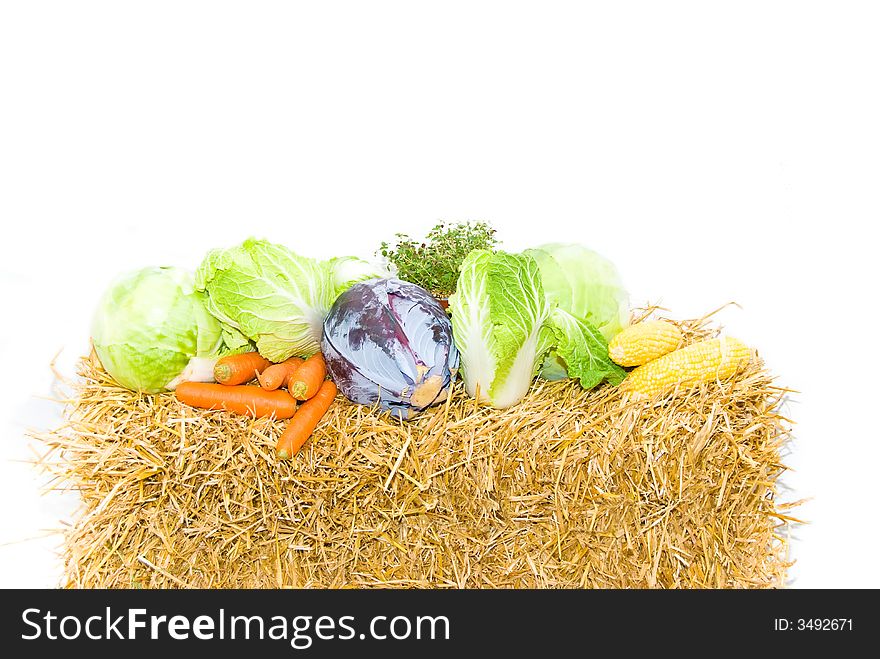 Vegetables for thanksgiving on a bale of straw corn carrots. Vegetables for thanksgiving on a bale of straw corn carrots