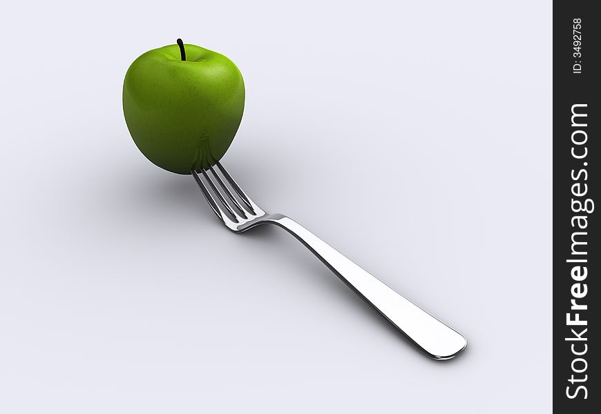 A green apple and fork on white background - rendered in 3d