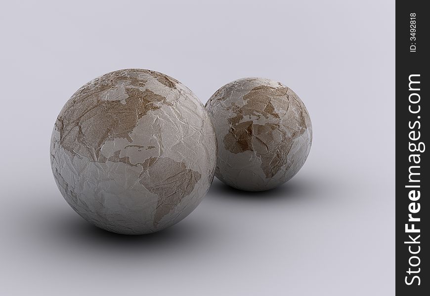 Conceptual maped with continents Earth planets, paper texture - 3d render