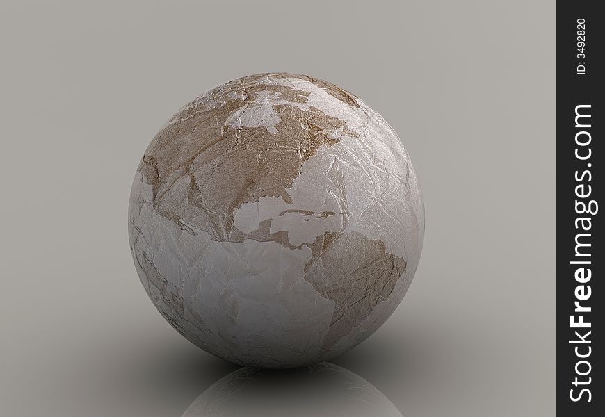 Conceptual maped with continents Earth planet - rumpled paper texture - 3d render