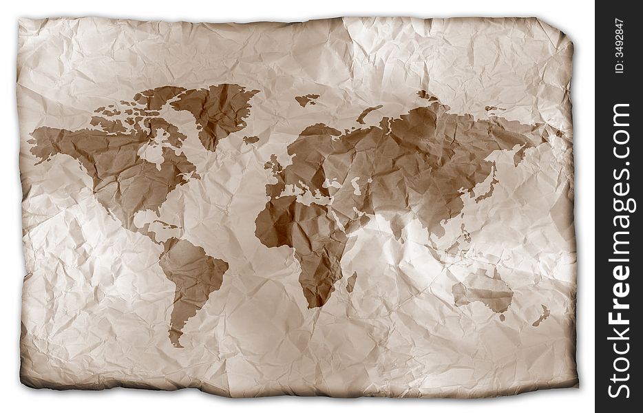 Conceptual Earth map on aged rumpled paper. Conceptual Earth map on aged rumpled paper