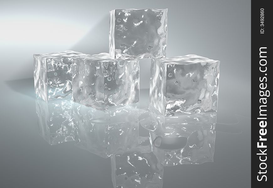 Four ice cubes and water stain on blue background - 3d render. Four ice cubes and water stain on blue background - 3d render