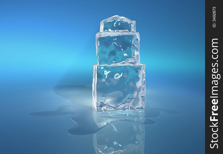 A stack of ice cubes and water stain on blue background - 3d render. A stack of ice cubes and water stain on blue background - 3d render