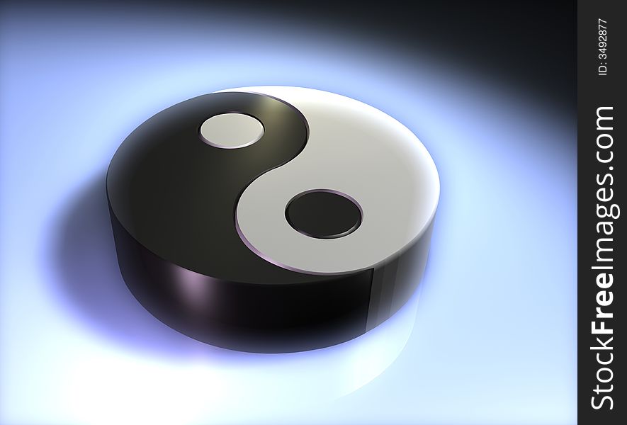 Conceptual Yin Yang cubic simbol on glowing blue background - 3d render