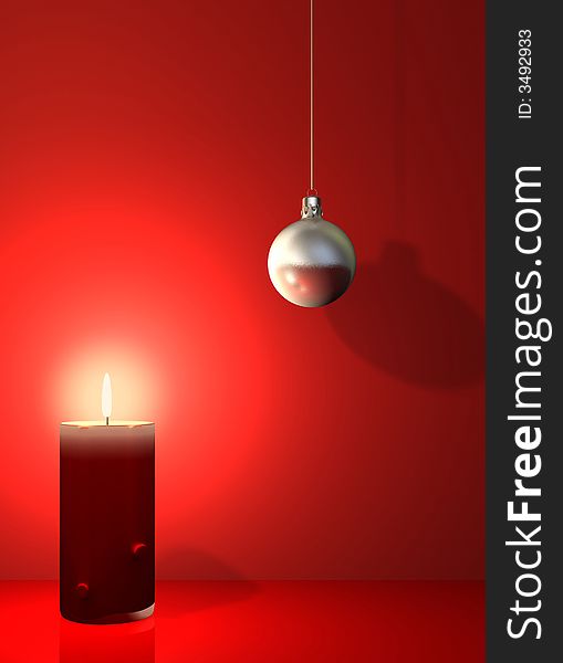 A red candle and a christmas ornament -renderend in 3d. A red candle and a christmas ornament -renderend in 3d