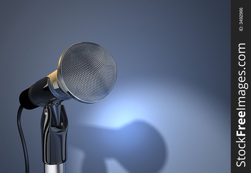 A chromed microphone on blue background - 3d render. A chromed microphone on blue background - 3d render