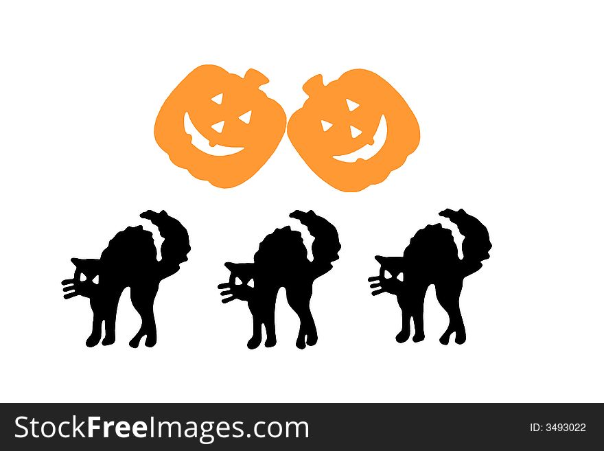 Illustration for halloween - tree cats and two pumpkin isolated in white