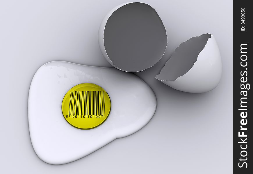 Conceptual barcode on hard-boiled egg and cracked shell - 3d render. Conceptual barcode on hard-boiled egg and cracked shell - 3d render