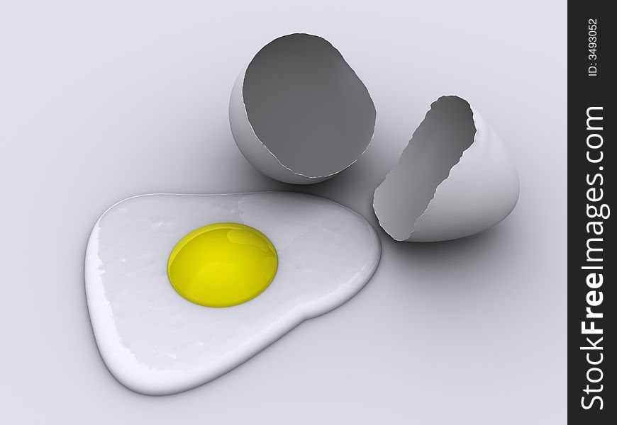 Conceptual white cracked egg shell and roasted egg - rendered in 3d. Conceptual white cracked egg shell and roasted egg - rendered in 3d