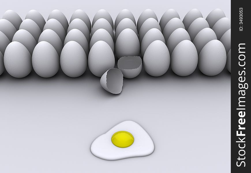 A lot of eggs shell and a cooked one - rendered in 3d. A lot of eggs shell and a cooked one - rendered in 3d
