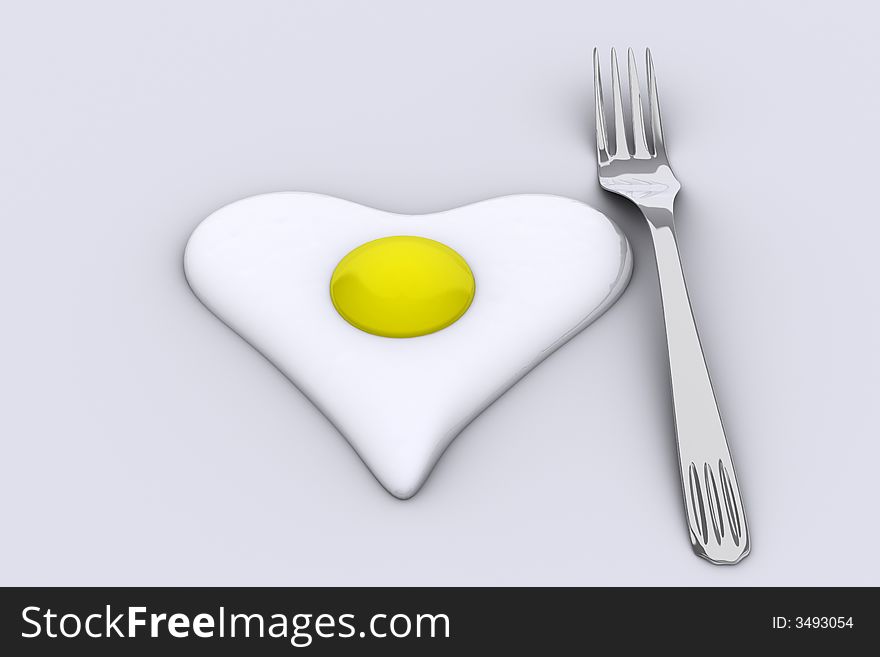 A heart shaped egg and a fork - rendered in 3d. A heart shaped egg and a fork - rendered in 3d
