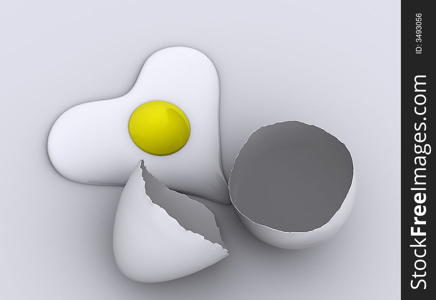 A heart shaped egg and broken shell - rendered in 3d. A heart shaped egg and broken shell - rendered in 3d