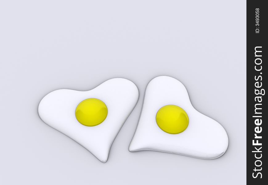 Two cooked eggs in heart shapes - rendered in 3d. Two cooked eggs in heart shapes - rendered in 3d