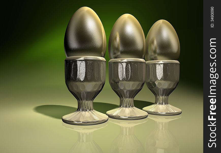 Three conceptual golden egg on green backgroud - rendered in 3d. Three conceptual golden egg on green backgroud - rendered in 3d