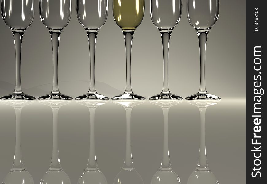 Five empty champagne glasses and a filled one - 3d render