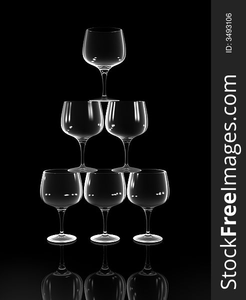 A conceptual stack of six brandy glasses - rendered in 3d. A conceptual stack of six brandy glasses - rendered in 3d