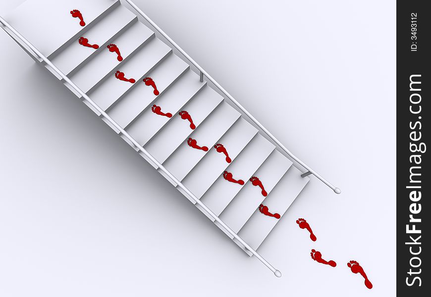 Conceptual red foot print on a ladder - rendered in 3d. Conceptual red foot print on a ladder - rendered in 3d