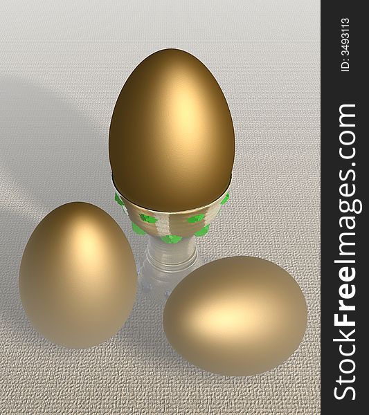 A conceptual three golden egg - rendered in 3d. A conceptual three golden egg - rendered in 3d