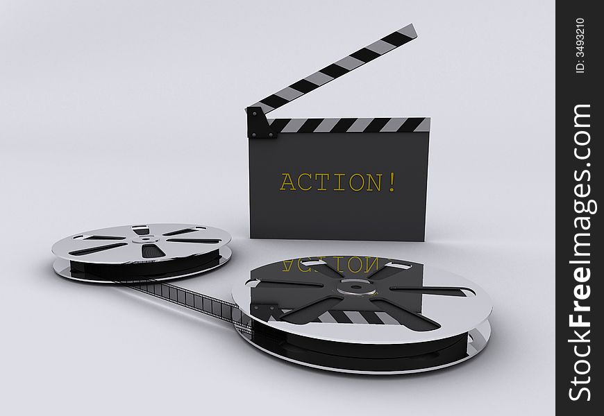 Conceptual strip film, reel and clapperboard - 3d render. Conceptual strip film, reel and clapperboard - 3d render