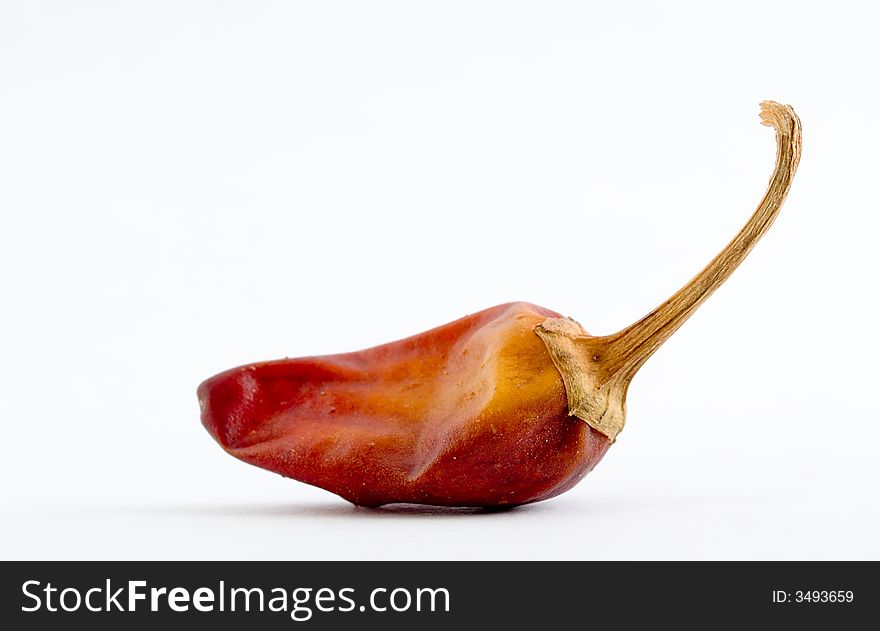 Still life of a elongated duo-toned dried very hot chili resting on its side, with stalk, isolated on white background. Still life of a elongated duo-toned dried very hot chili resting on its side, with stalk, isolated on white background.