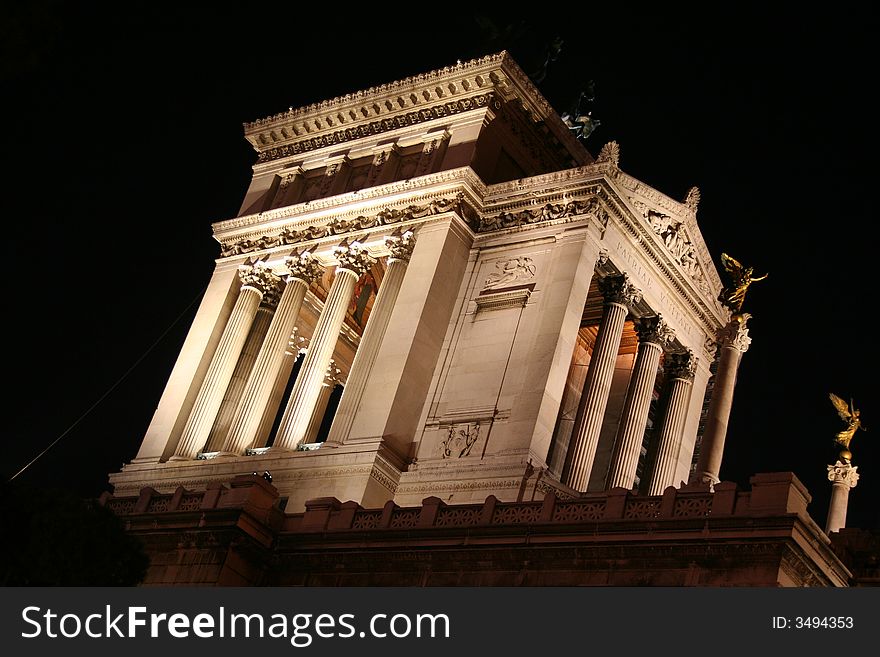 Temple at the top of Altar of the Fatherland - War Memorial - National Monument (Piazza Venezia - Venice Square- in Rome - Italy) / Night. Temple at the top of Altar of the Fatherland - War Memorial - National Monument (Piazza Venezia - Venice Square- in Rome - Italy) / Night