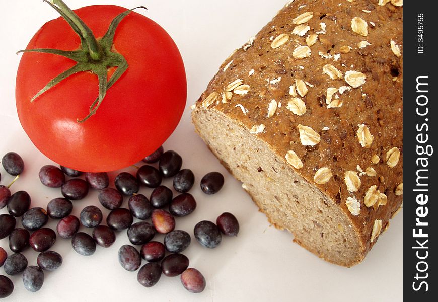 Fresh bread, tomato and olives. Fresh bread, tomato and olives