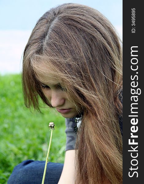 A girl looking at dandelion. A girl looking at dandelion