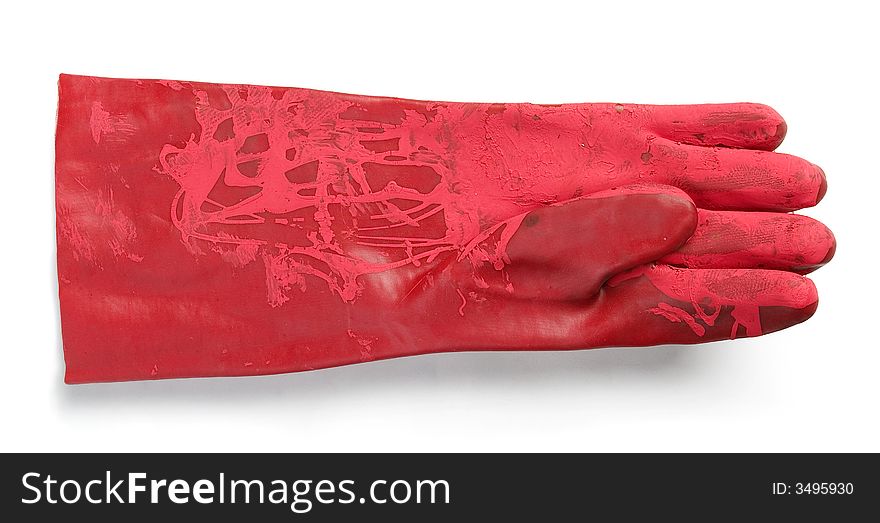 Red leather gauntlets on white