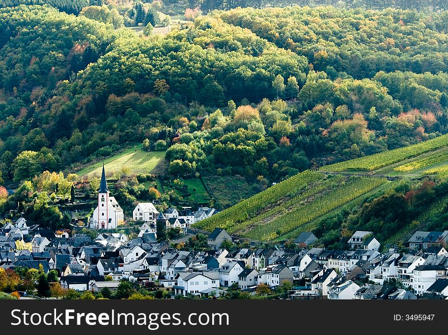 Small village, vineyards and forest along the mosel river in germany. Small village, vineyards and forest along the mosel river in germany