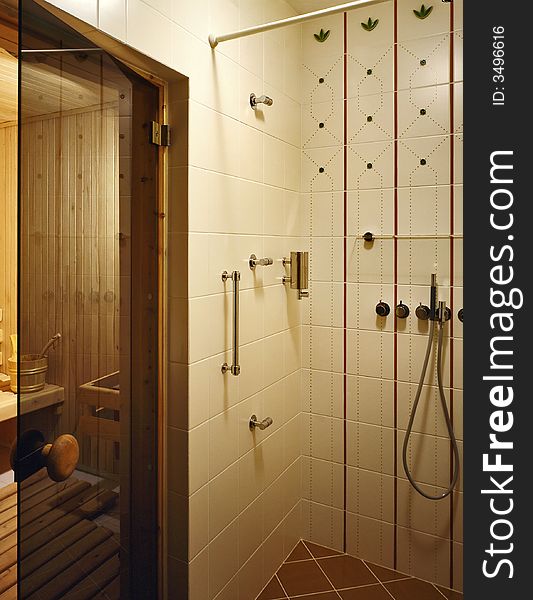 Bathroom with shower and sauna