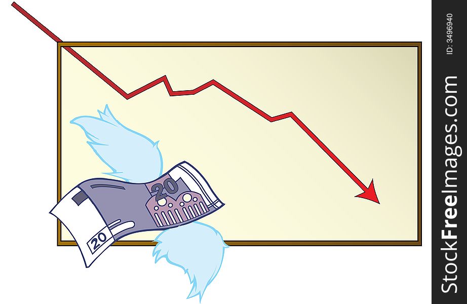 Chart and money flying away -- euro note. Chart and money flying away -- euro note