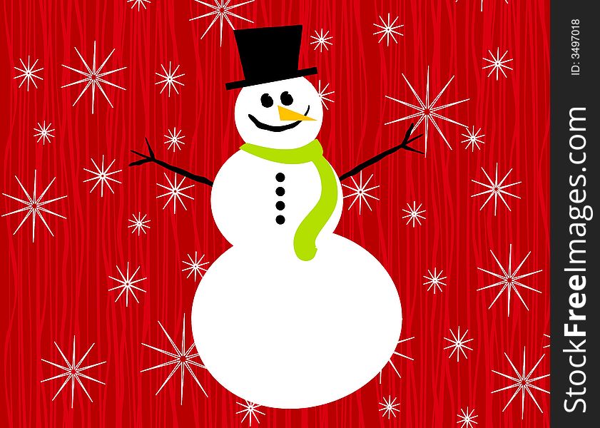 A clip art illustration featuring a snowman wearing hat and scarf set against snowflakes and red textured background. A clip art illustration featuring a snowman wearing hat and scarf set against snowflakes and red textured background