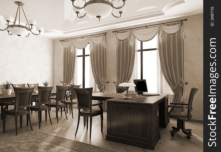 Office interior in monochrome 3D rendering