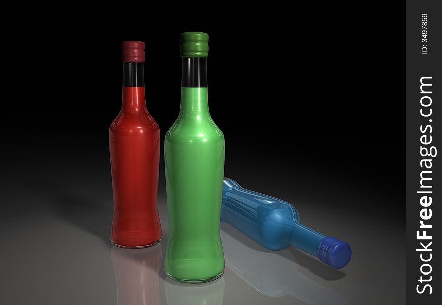 A 3D composition of red, green, blue bottles of drink. A 3D composition of red, green, blue bottles of drink.