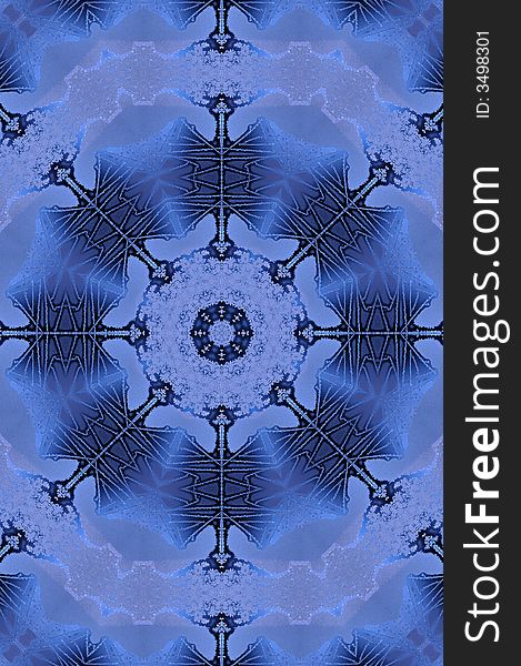 A beautiful blue snowflake made from real frost in a kaleidoscope grunge background. A beautiful blue snowflake made from real frost in a kaleidoscope grunge background