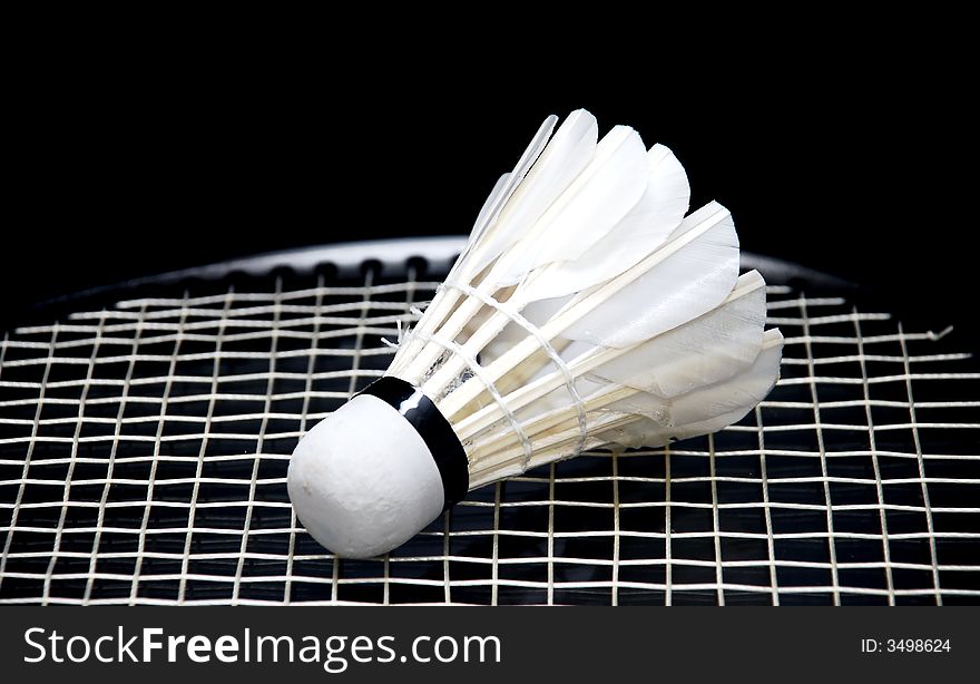 Focus a shuttllecocks image on the badminton racket. Focus a shuttllecocks image on the badminton racket